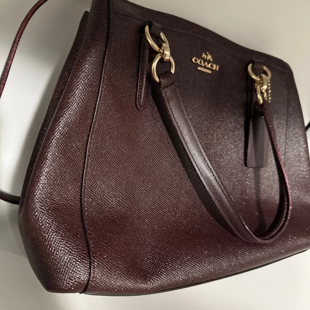 Coach Pebble Leather‎ Burgundy/Purple Glitter Satchel Crossbody Handbag Silver